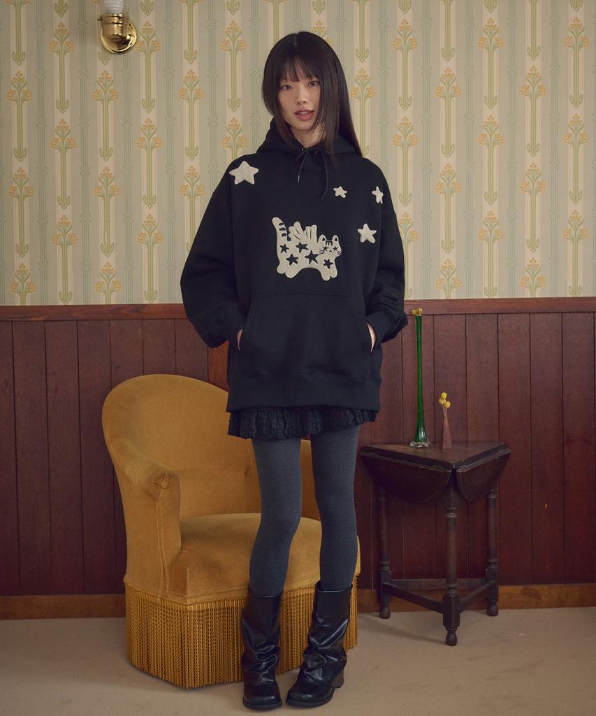 Angel Star Cat Boucle Embroidered Hoodie Ahp1216 (Black)