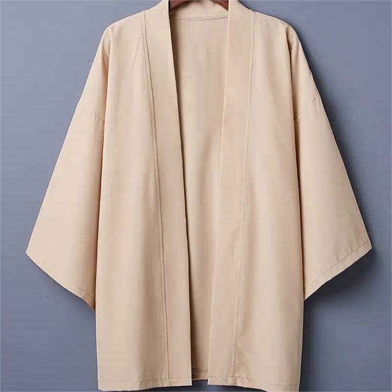Férfi Kimonó Ing Hagyományos Japán Stílusú Ruházat Férfi Nyitott Elejű Kardigán 3/4 Ujjú Yukata Kabát Haori Alkalmi Strand Pólók S beige