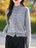 Women's Floral Wool Knit Cardigan - Semi-High Neck, Multi-Button Sweater for Autumn/Winter