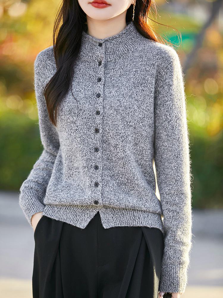 Women's Floral Wool Knit Cardigan - Semi-High Neck, Multi-Button Sweater for Autumn/Winter