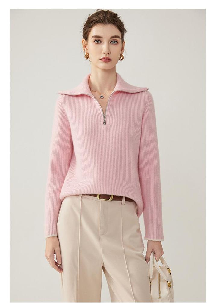 2026 Autumn/Winter Women's Half-Zip Ribbed Cashmere Sweater