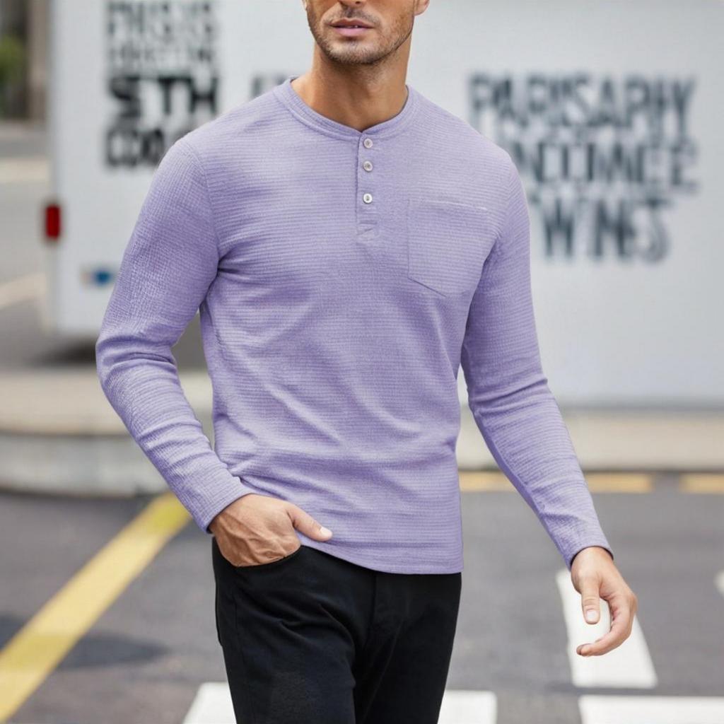 Men's Casual Sports Long-sleeved Shirt, Men's Round-neck Button-up Top