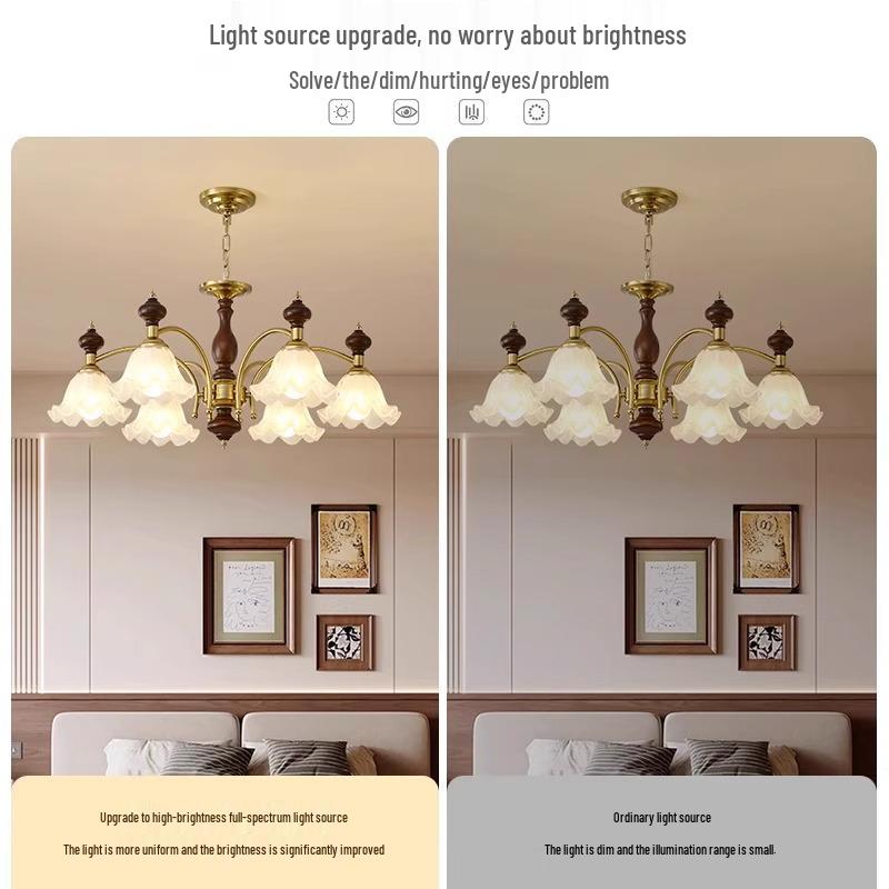 Mid-Century Cream Flower Chandelier with Solid Wood and French Retro Design