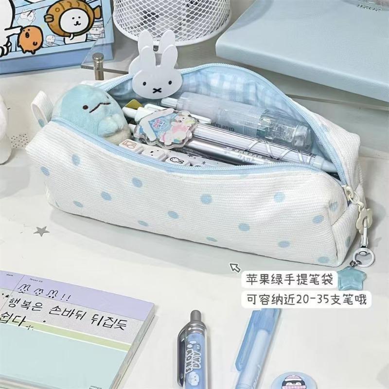 Cute Cream Blue Polka Dot Handheld Pencil Case For Students