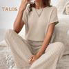 Women's Two Piece Knit Set Short Sleeve Sweater Top Wide Leg Pants Lounge Sets Ribbed Knitted Casual Outfit for Spring Autumn