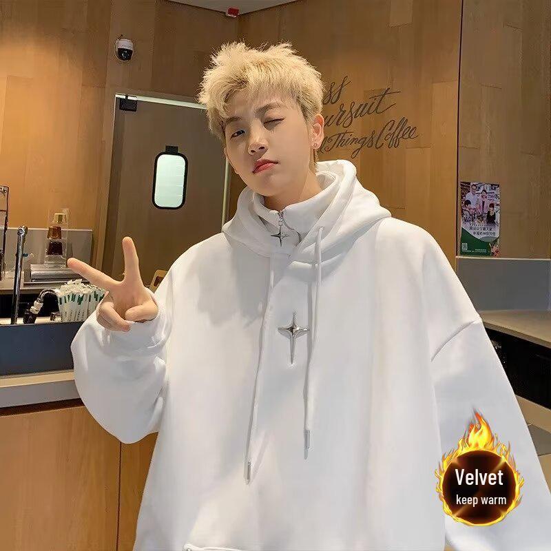 Men's Winter Thick Velvet High-Neck Oversized Hoodie - Trendy American Style