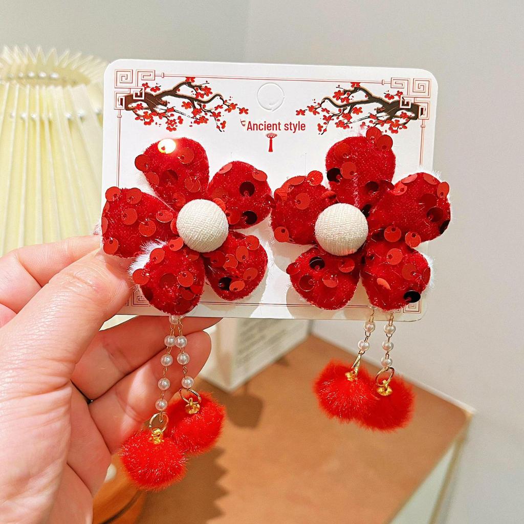 Festive Red Floral Baby Headband - Cute Ancient Style Elastic Accessory for Little Girls