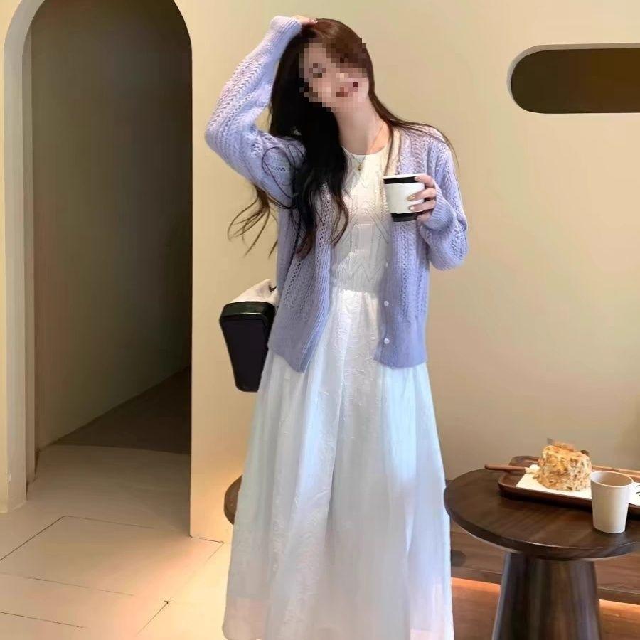 Fialový krajkový svetr Tenký kabát Dámský Jaro Léto Měkký Mléčný Styl Kardigan Elegantní Pletený top