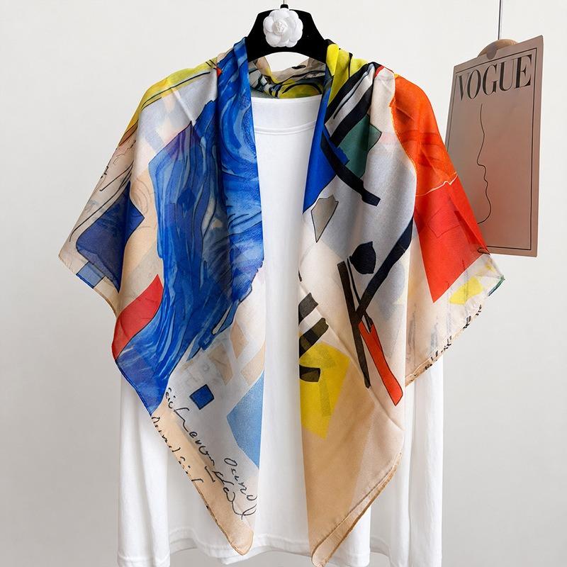 [Variety sunscreen shawl retro printed square scarf women's summer silk cotton silk scarf