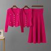 Cross-Border Russian Autumn and Winter New Knit Cardigan Skirt Three-Piece Set Casual Fashion Short Dress Sunken Stripe Set Women