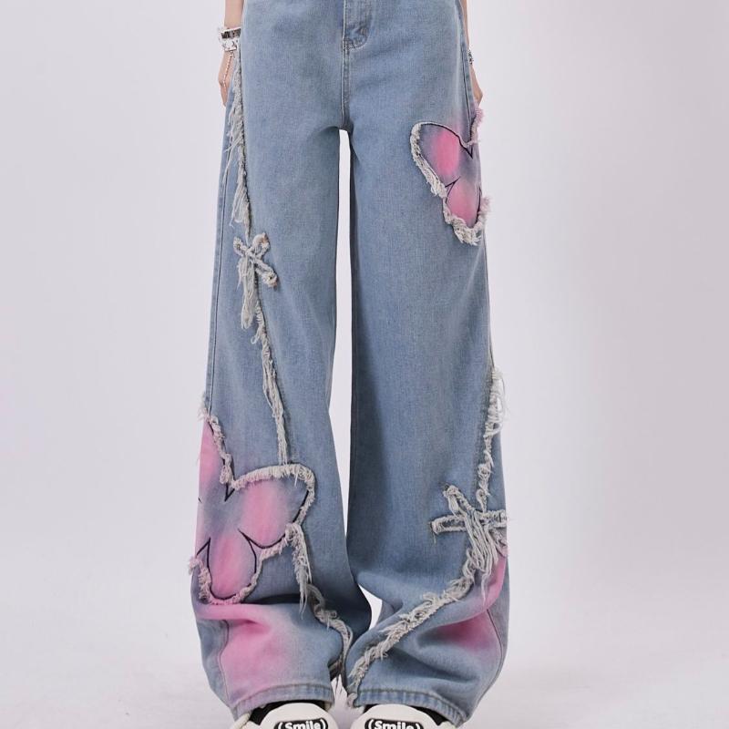 Butterfly Tie-Dye Bestickte Jeans für Damen Frühling Sommer Neuankömmling, Süße Coole Y2K Streetwear, Hochtaillierte Gerade Micro-Schlag Weitbein Hose