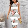 Women Plus Size Sleeveless Round Neck Midi Bodycon Dress White Base Blue Floral Print Slim Fit Dress