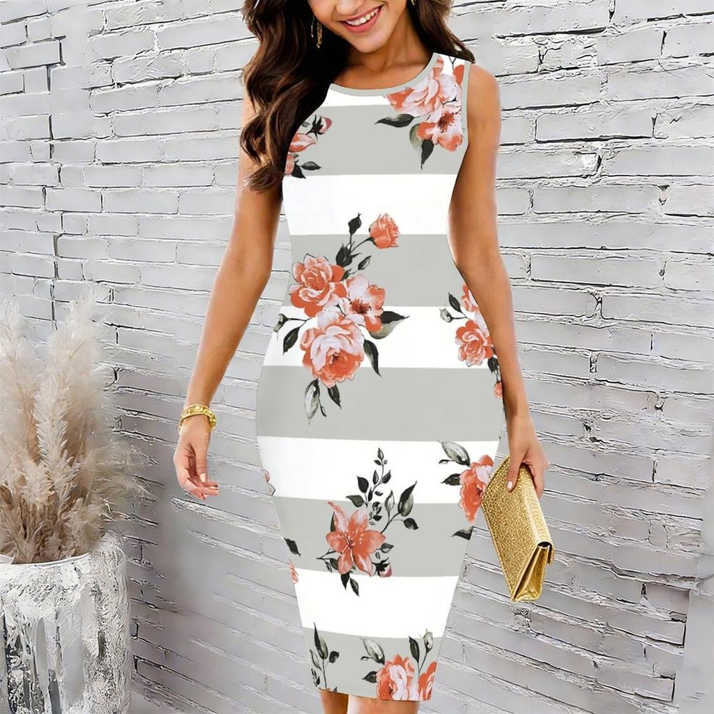Women Plus Size Sleeveless Round Neck Midi Bodycon Dress White Base Blue Floral Print Slim Fit Dress