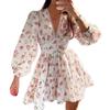 Spring Elegant Floral V Neck Lace Short Dress For Women With Puff Sleeves
