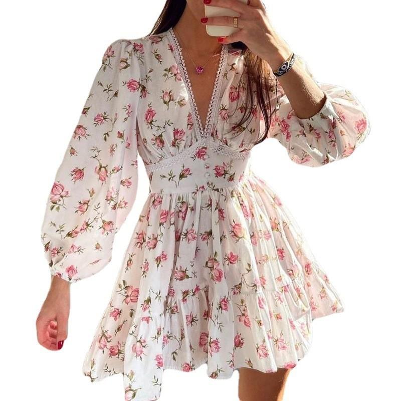 Spring Elegant Floral V Neck Lace Short Dress For Women With Puff Sleeves