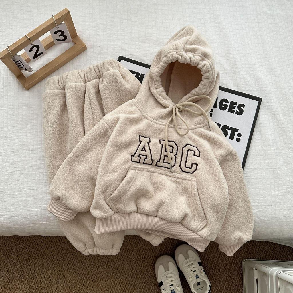 Herbst Winter Kinder Trainingsanzug Junge Baby Fleece Dicke Kapuzenpullover Set Mädchen Kinder Plus Samt Warme Oberteile+Hose 2tlg. Kinder Sweatshirt Anzug