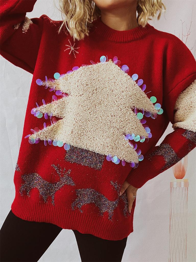 Christmas holiday sweater handmade sequined Christmas tree deer jacquard thick pullover sweater 3605