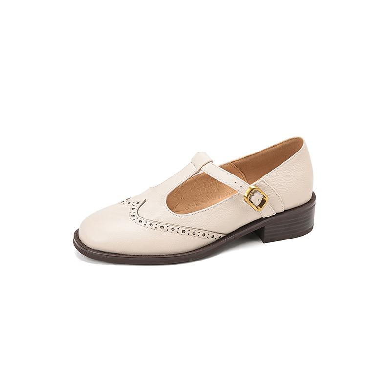 Fashion 2024 New Spring Genuine Leather Women Pumps Shoes for Women Round Toe Chunky Heel Retro Mary Janes Block Leather Shoes Shallow