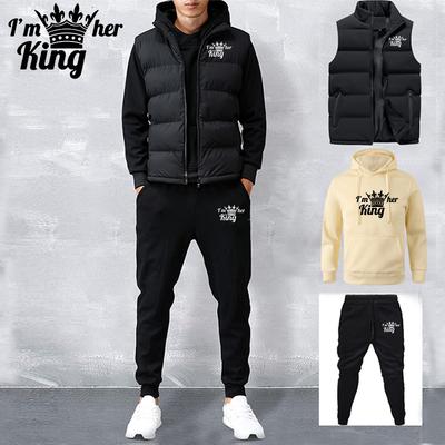 Ensemble de survêtement pour homme Nouveau Automne et Hiver Couleur unie Hoodie imprimé + Gilet + Pantalon Ensemble trois pièces Couple Décontracté Sportswear