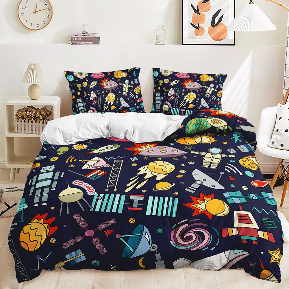 Quilt Cover Cartoon Planet Bed Cover Pillowcase Digital Printing Bedding Three-Piece Set