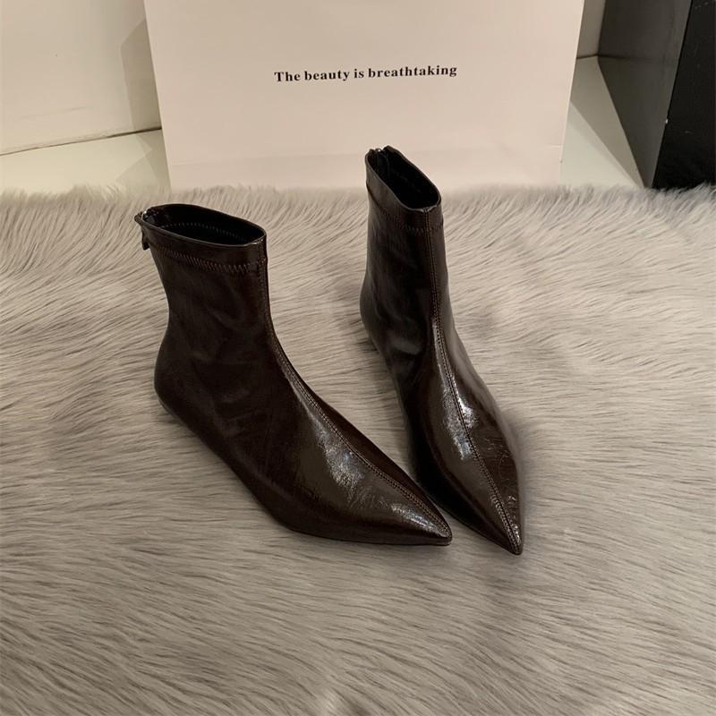 Black high-heeled short boots women's 2025 autumn and winter single boots and bare ankle boots soft leather small heel pointed French thin heel thin 