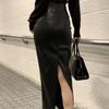Women's Retro High-Waisted Black Leather Skirt - Slimming Mid-Length with Slit, for Spring/Autumn
