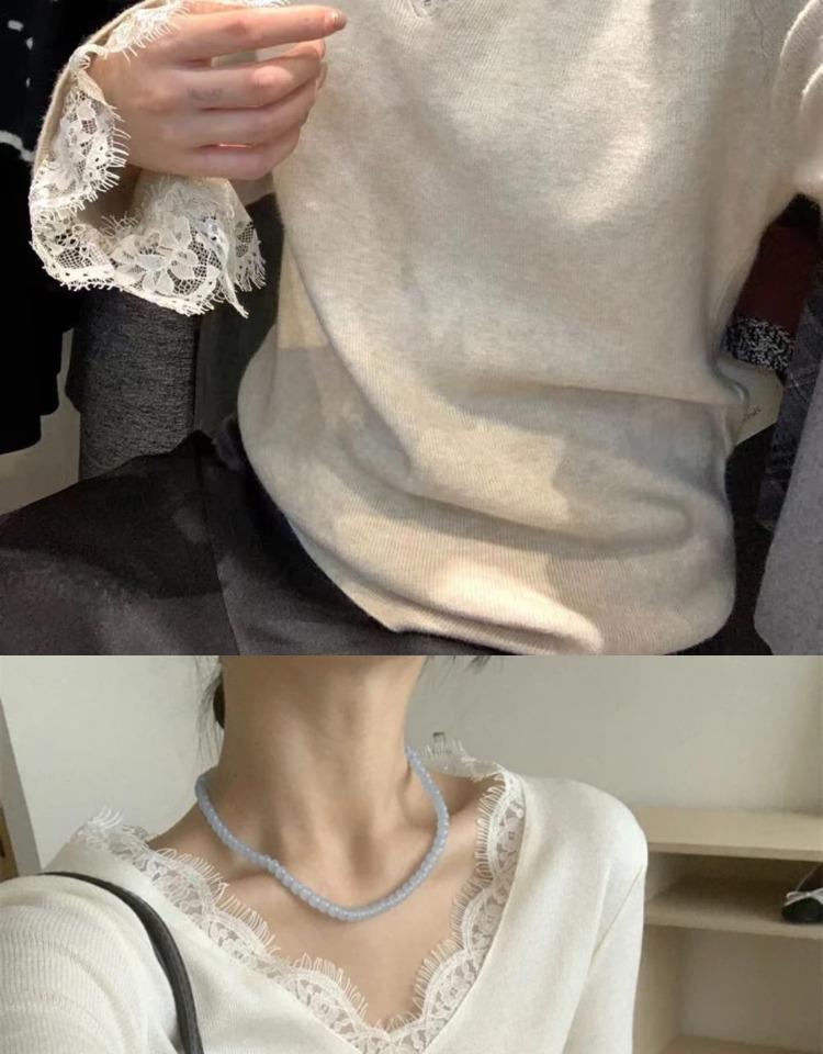2026 Plus Size Slimming Lace Long Sleeve Knitwear for Women - Winter Base Layer Top