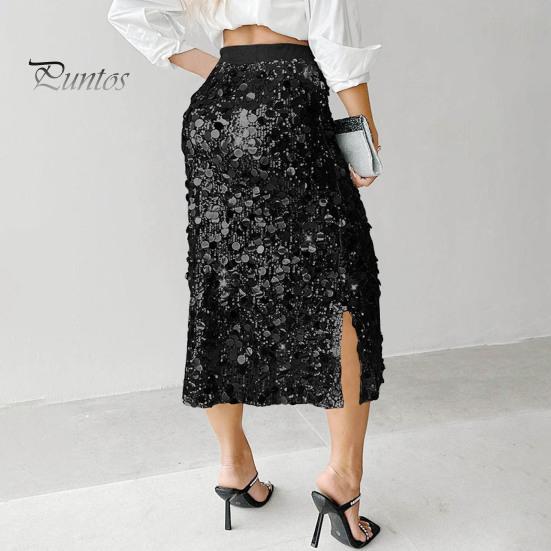 High-waisted Skirt Women High Waist Sexy Hip-Hugging Sequin Glitter Solid Midi Color Mid-calf Length Hip Wrapped Slimming Design Wedding Clubwear