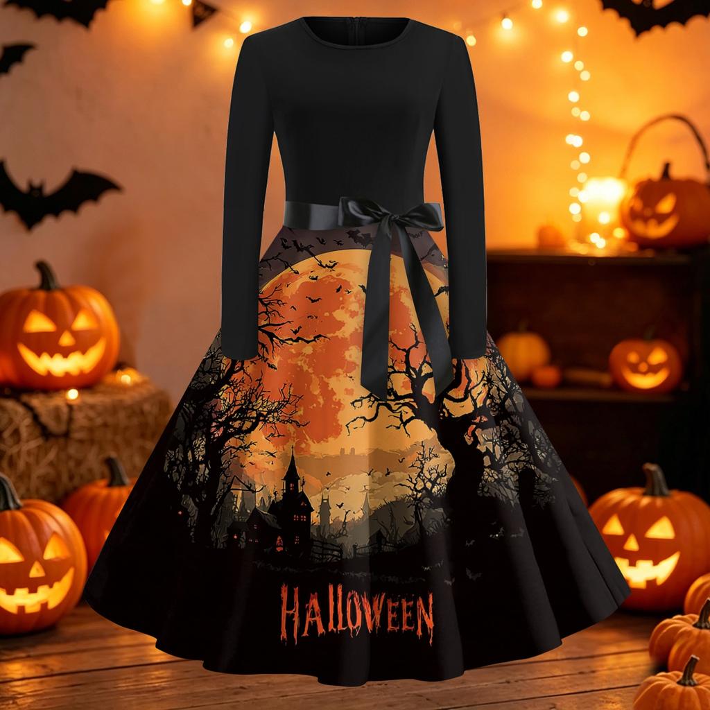 Women's Vintage Round Neck Dress with Halloween Print for Casual Fall Outings
