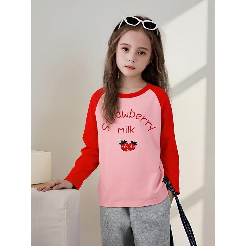 2026 Kidsren's Clothing Kidsren's Pure Cotton Long-Sleeved T-Shirt Girls Cartoon Fruit Strawberry Print Spring New Knitwear Ins