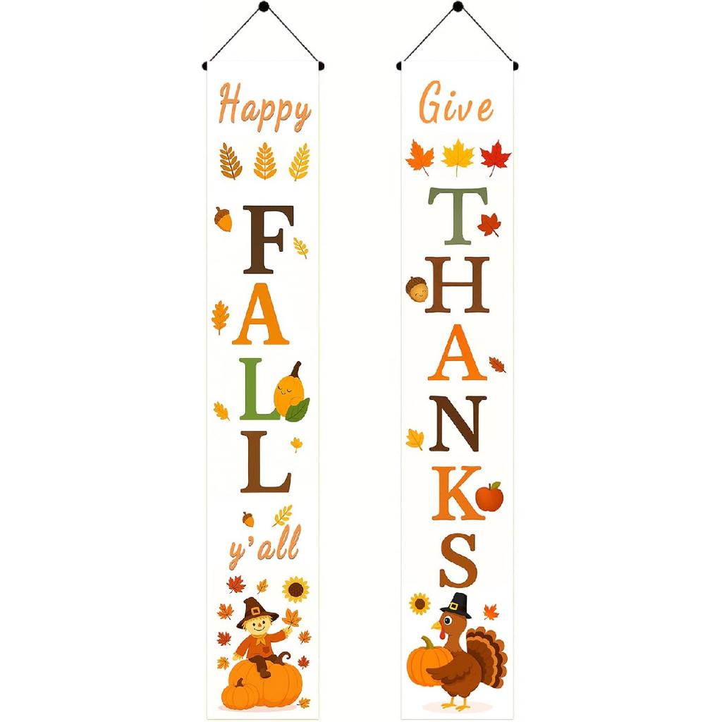 2pcs Thanksgiving Turkey Porch Banner Sign Set 12x71 Inch Autumn Thanksgiving Doors Decoration Fall Welcome Sign Pumpkin Door Banners for