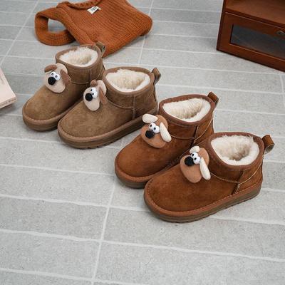 Rutschfeste Kinder-Schneestiefel aus Leder mit Plüschfutter und Cartoon-Puppe