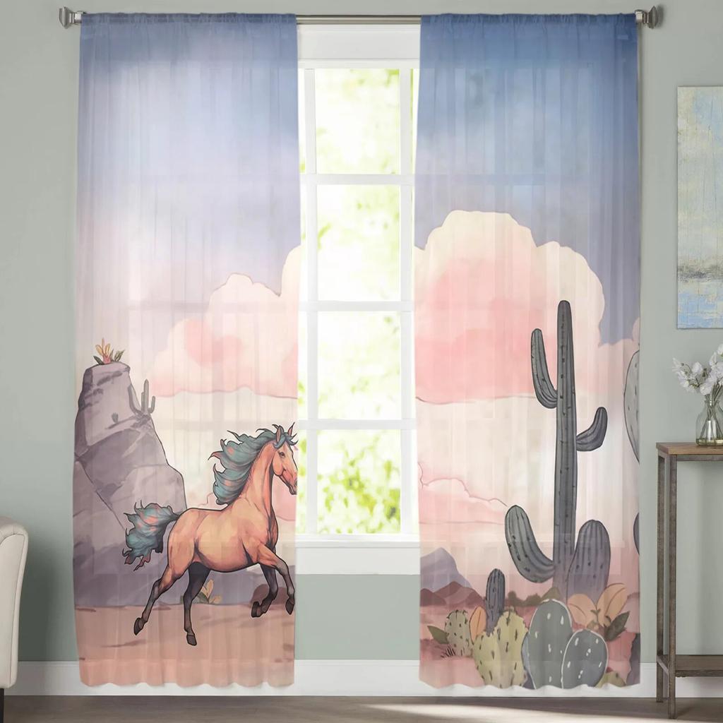 Pferd Kaktus Wolken Tüll Vorhänge für Wohnzimmer Sheer Vorhang für Schlafzimmer Fenster Jalousien Voile Vorhänge