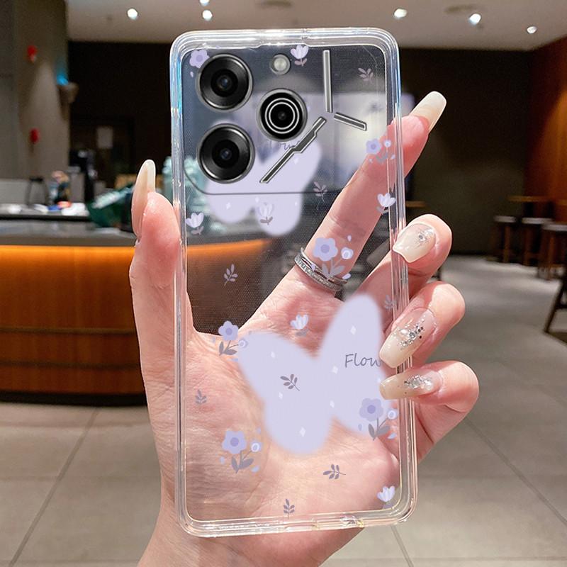 Phone Case For Tecno Pova 6 Pro 5G LI9 Case Tecno Pova 6 5G LI7 Back Cover Luxury Butterfly Flowers Transparent Soft TPU Casing