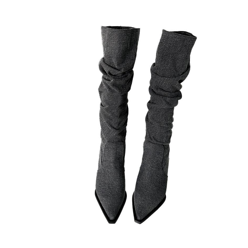 2025 European and American wasteland boots women's retro babes cowboy boots thin heels pointed pile boots wide tube boots