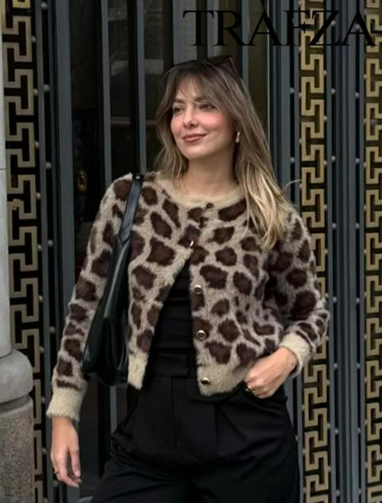 European & American Women's Round Neck Animal Print Faux Fur Knitted Cardigan Coat - Winter Collection