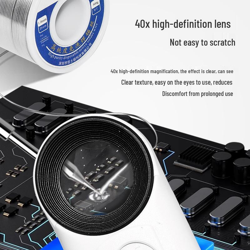40x HD Handheld Magnifying Glass with LED Light for Antiques, IC Chips, Jewelry, Jade