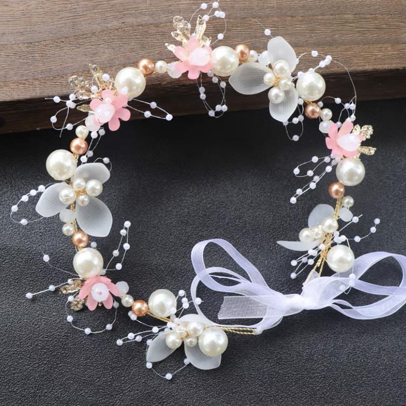 Bride Wedding Hair Accessorie Pearl Flower Headband Girls Crystal Floral Crown Garland Head Hoop Headpiece Hair Jewelry