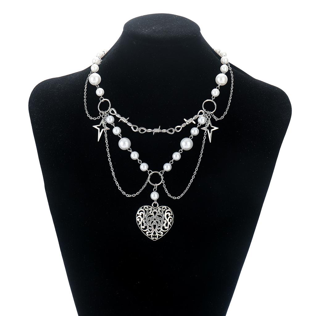 Multilayer Star Love Heart Pendant Necklace Women Imitation Pearl Chain Bridal Neck Jewelry Accessories