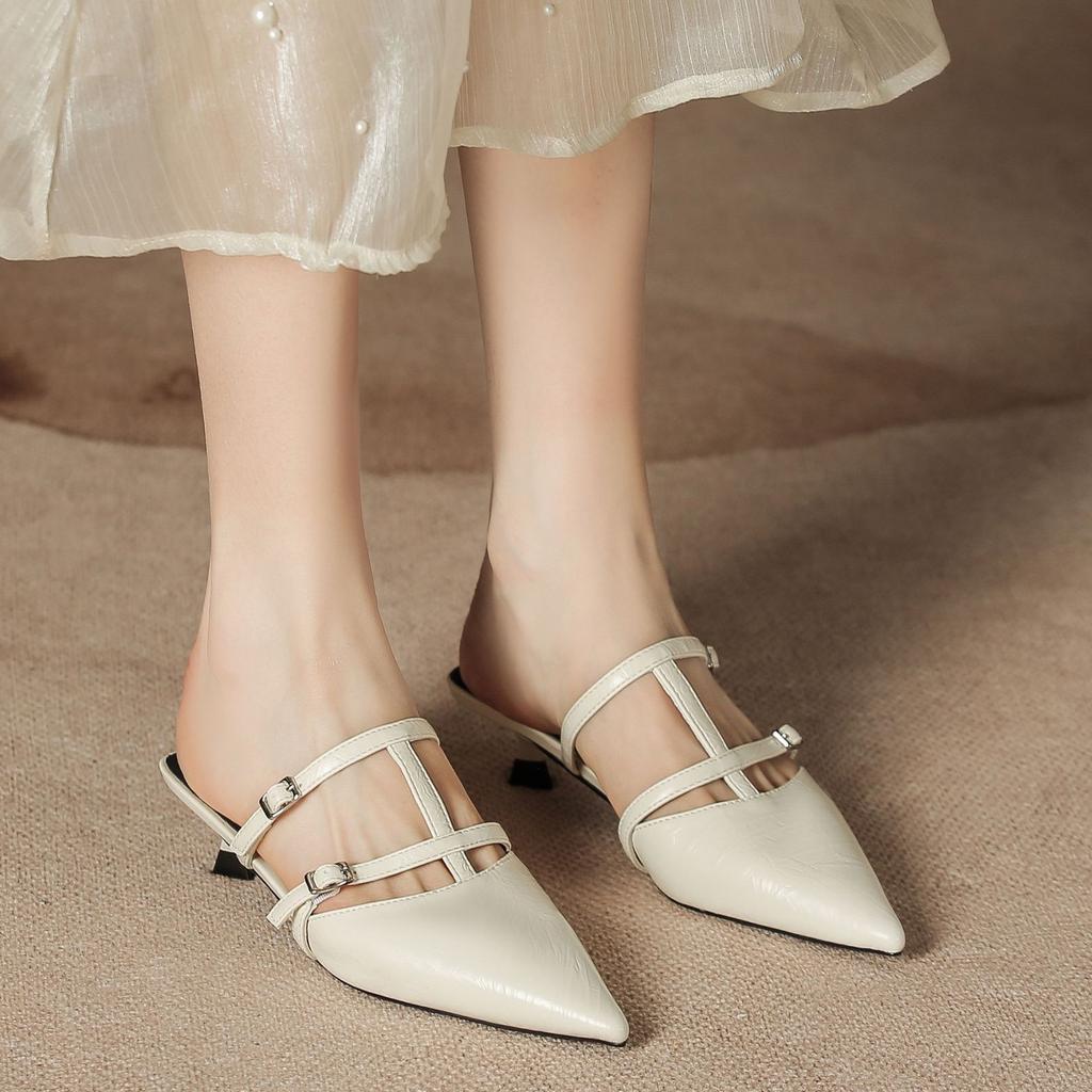 H113-1 high-quality soft leather high-heeled sandals half-bag head small fragrant temperament summer single shoes pointed stilettos children