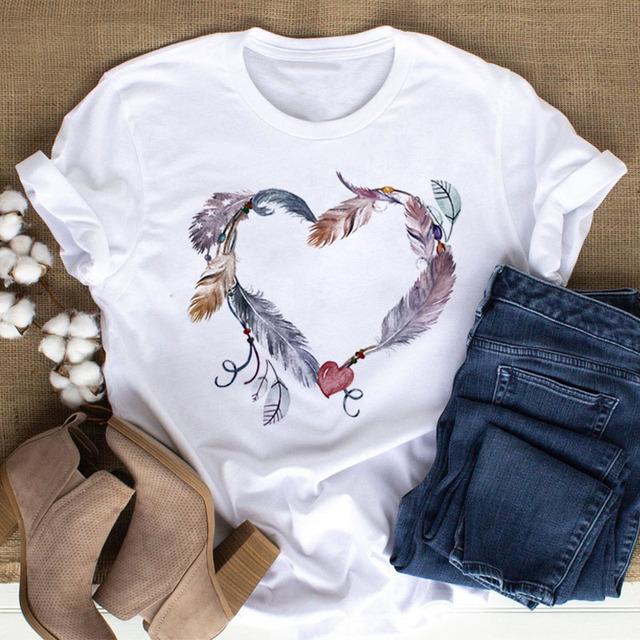 New Women Black T Shirt Feather Flower Love Heart Printed Tops Ladies Female Cute Graphic Tee Shirts Women O-Neck T-Shirts Tops