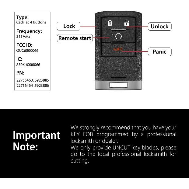 Car Key Fob Remote Keyless Entry Control OUC6000066 315MHz 4 Button Replacement for 2007-2014 Cadillac Escalade ESV EXT