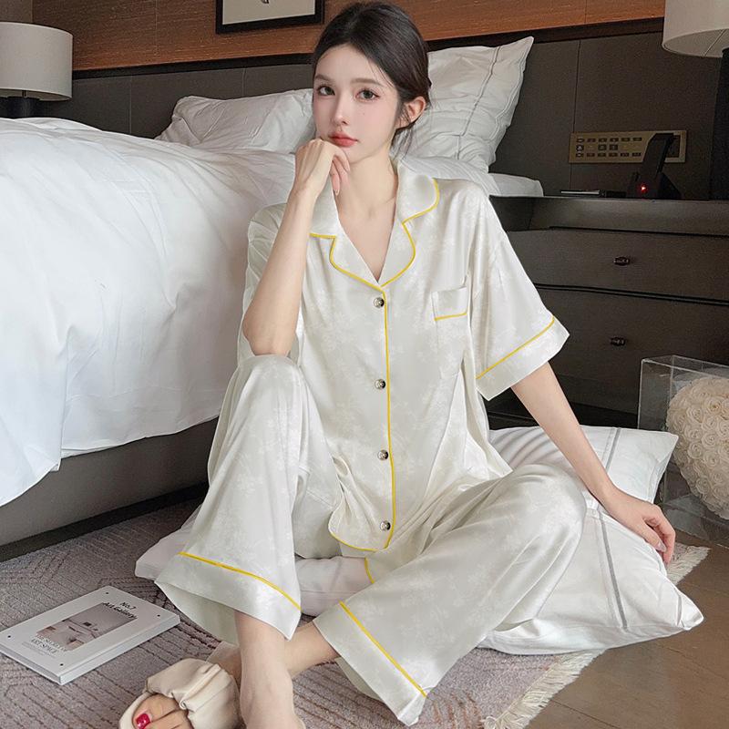 High-Value Simple Solid Color Flower Jacquard High-End Ice Silk Pajamas Women'S Loungewear Short-Sleeved Trousers Set
