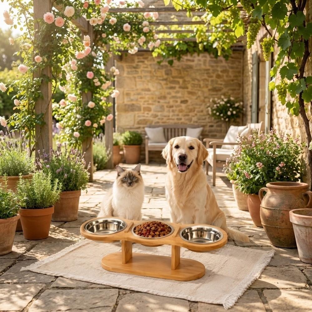 3 Bowls Elevated Pet Feeder Bowl Detachable Wood Stand Feeder Indoor Use