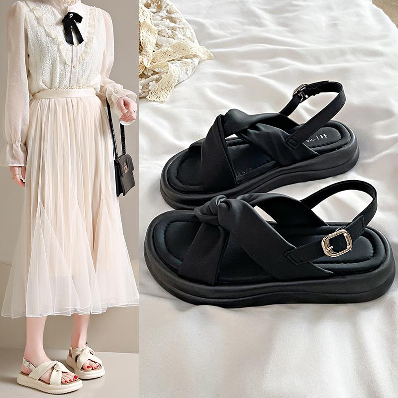 

Fashion Platform Sandals Korean Casual Flat Beach Shoes Female Sport Thick Sole Fashion Sandalias 2025 35 чёрный