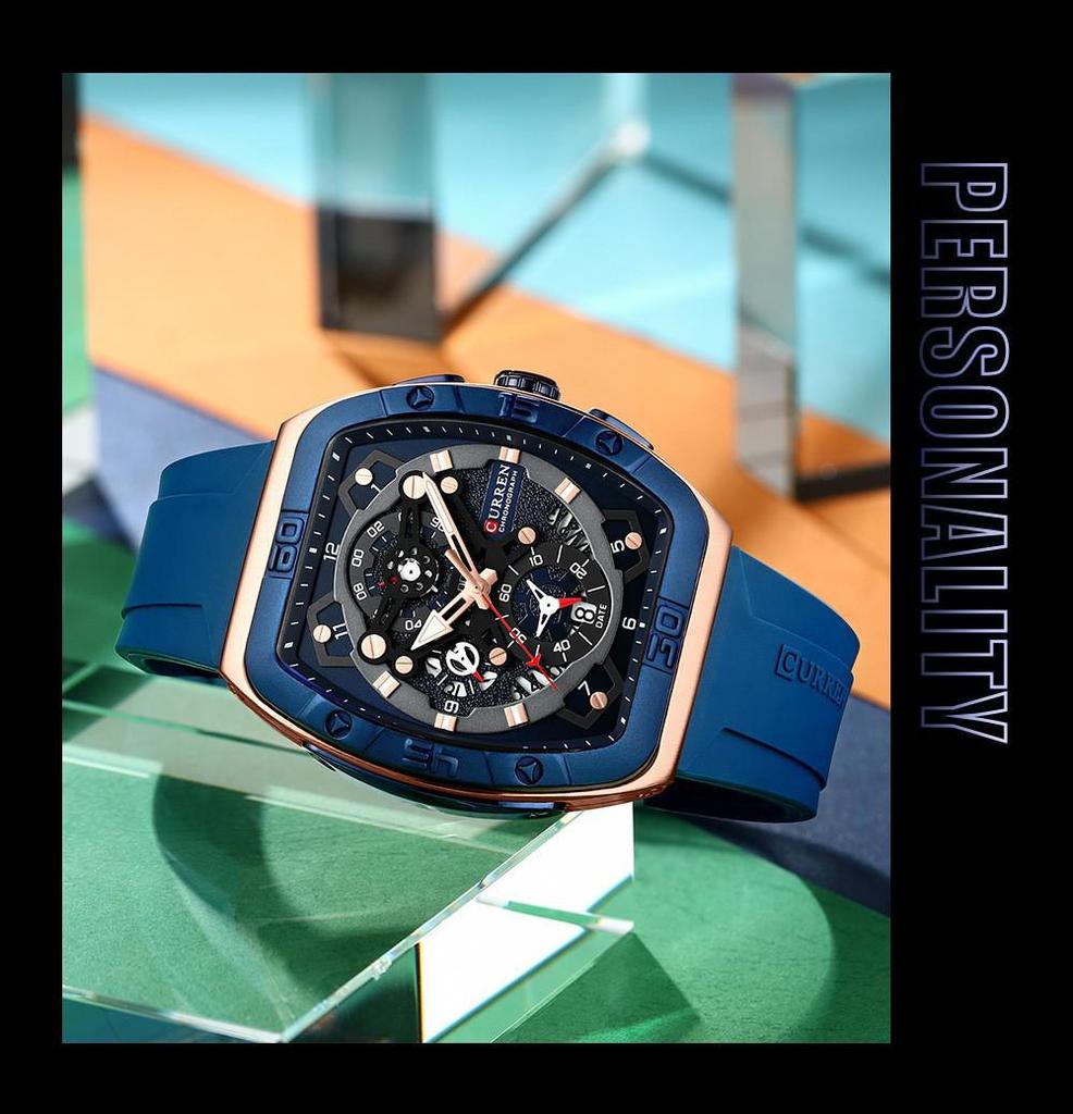 CURREN 8443 Wasserdichte Herren-Quarz-Multifunktionsuhr mit Sechs-Zeiger-Design und Tonnenform