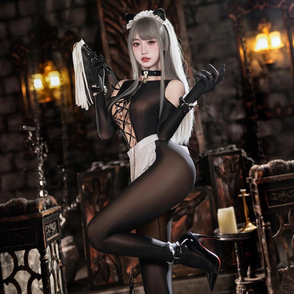 Baioretto Sexy Maid Costume with Shiny Full Body Open Perfect for or As a Girlfriend or Lover Women's Cross-Tie Up, Tights, Chest, See-Through, Sheer,