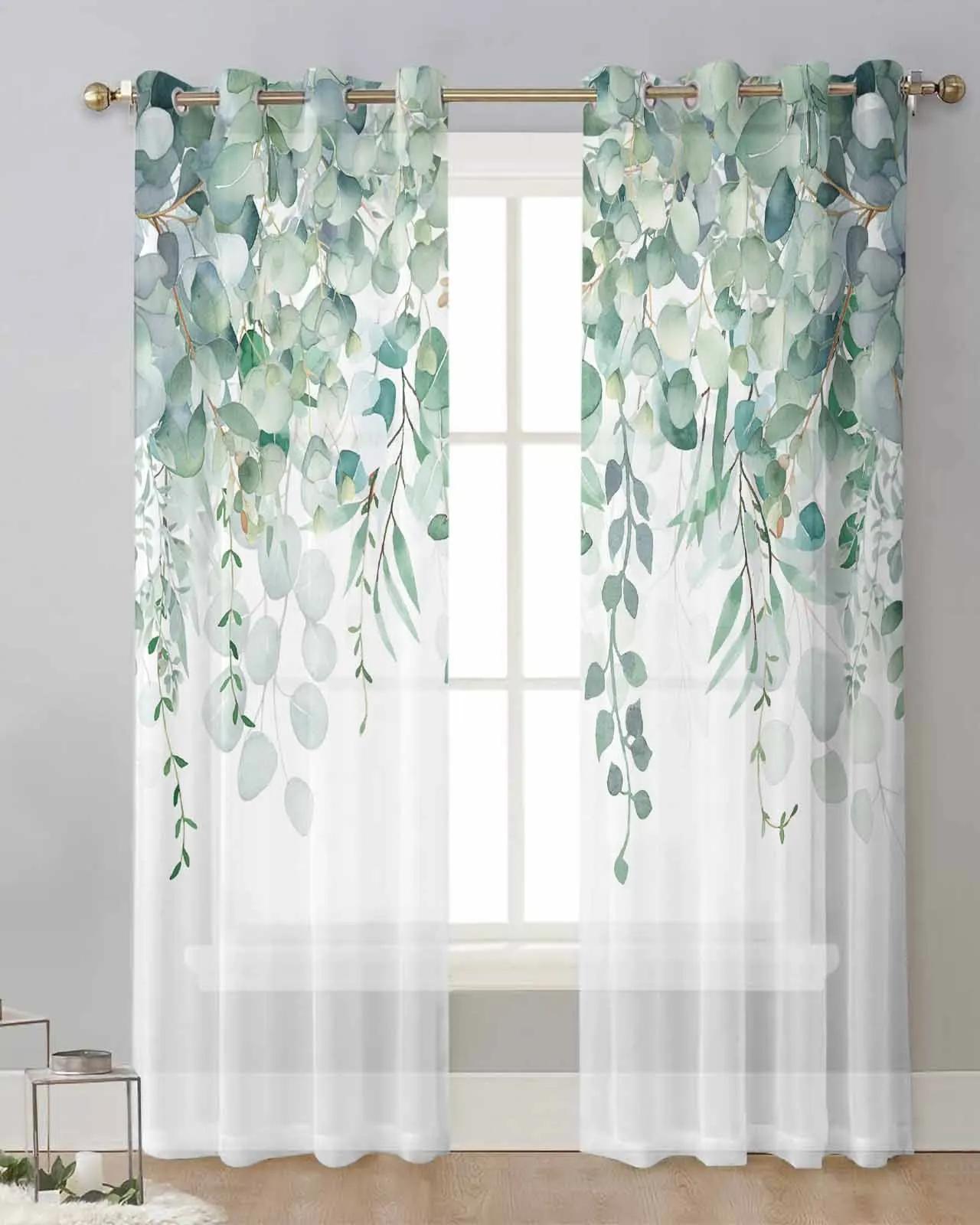 

Акварельные цветы, растения, листья, синий тюль, занавески для гостиной, кухни, прозрачные шторы на окна, вуаль, шторы с люверсами W50X130H(cm)x2Pcs&Grommet Top