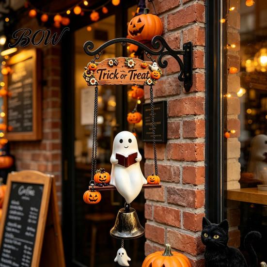 Entryway Welcome Sign Halloween Swing Ghost Doorbell, with Pumpkins Decor, Gothic Style Trick Weather Resistant Yard Ornament or Treat Sign,