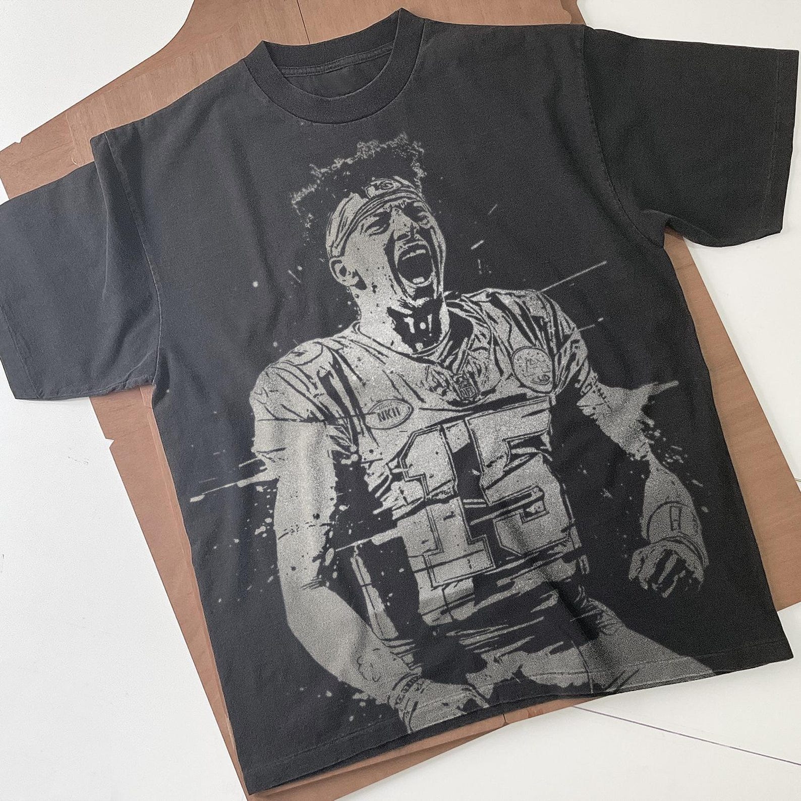 Patrick Mahomes Shirt: Handmade Bleached Faded Black Football Tee S